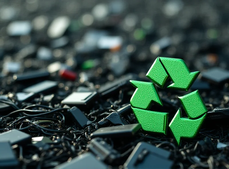 A pile of discarded electronic devices, including phones, computers, and cables, with a recycling symbol in the foreground.