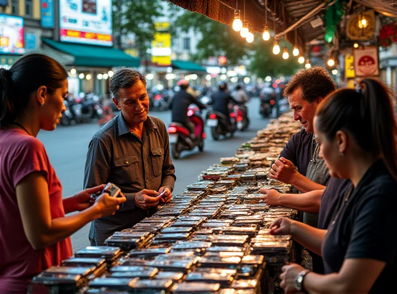 People browsing used phones at a market stall in a bustling street in Ho Chi Minh City, Vietnam.