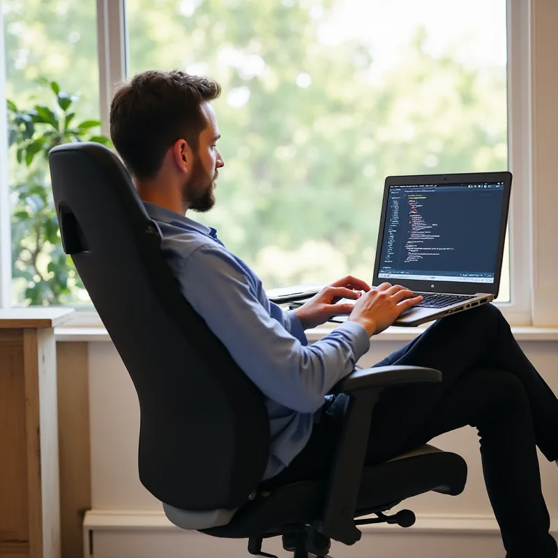 A person sitting comfortably in an ergonomic office chair, working on a laptop.