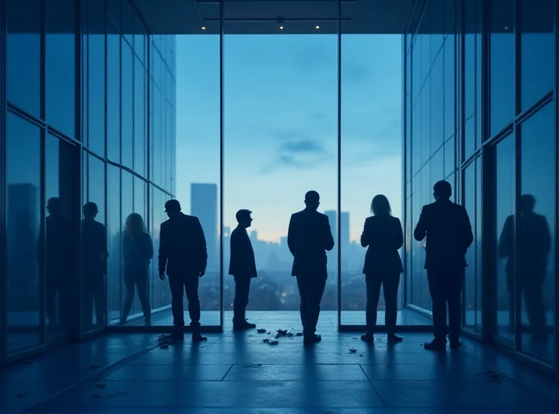 Conceptual image of layoffs at a tech company, showing silhouettes of people leaving an office building, with a somber color palette.