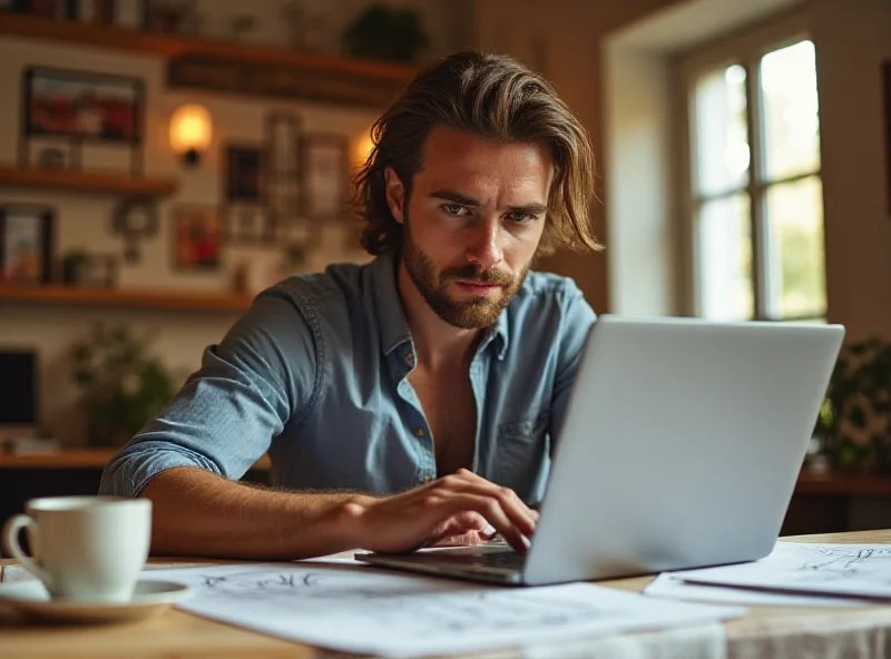 A determined entrepreneur working on a laptop in a modern home office, surrounded by sketches and design materials, symbolizing innovation and resilience.