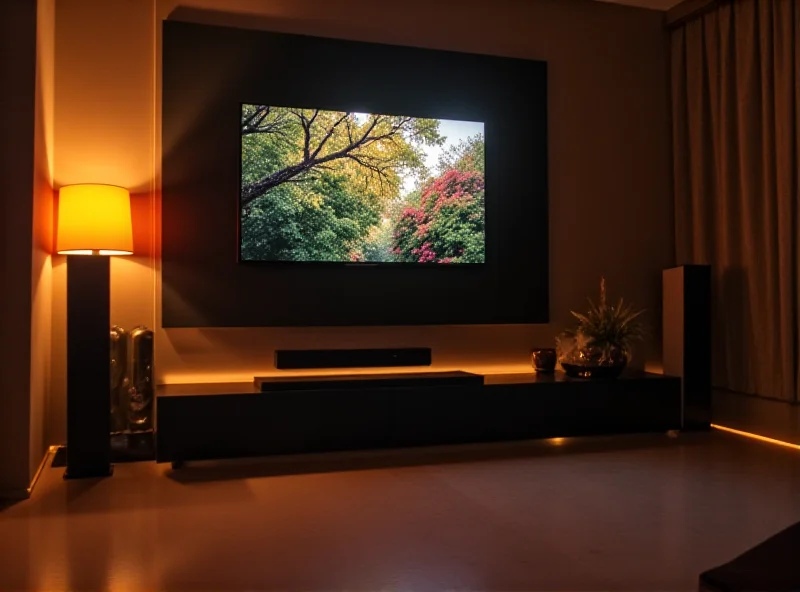 A sleek black soundbar is positioned beneath a modern flat-screen TV mounted on a living room wall. The soundbar is subtly curved and features a minimalist design. The TV displays a vibrant nature scene. Warm, indirect lighting illuminates the room, creating a cozy and immersive entertainment environment.