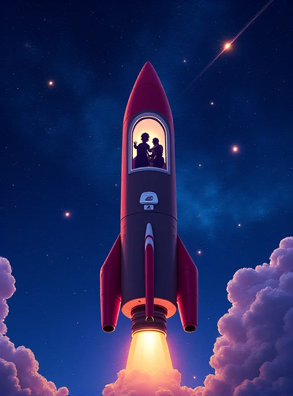 A vibrant digital illustration depicting a rocket soaring through a starry sky. The rocket has the Blue Origin logo prominently displayed. Silhouettes of Katy Perry, Gayle King, and Lauren Sanchez are visible through a window on the rocket, waving excitedly. The background features swirling nebulae and distant galaxies. The overall tone is celebratory and futuristic.