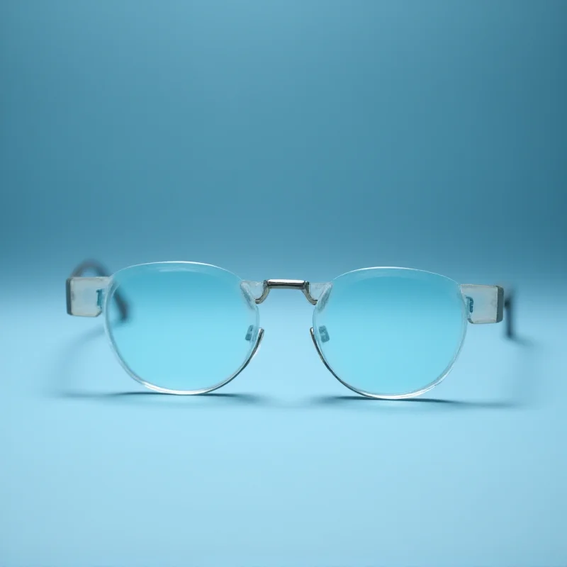 A close-up studio shot of a pair of reading glasses with a round frame and a subtle blue tint on the lenses. The glasses are placed on a neutral gray surface. The lighting is soft and diffused, highlighting the texture of the frame and the clarity of the lenses. The background is blurred, creating a shallow depth of field.