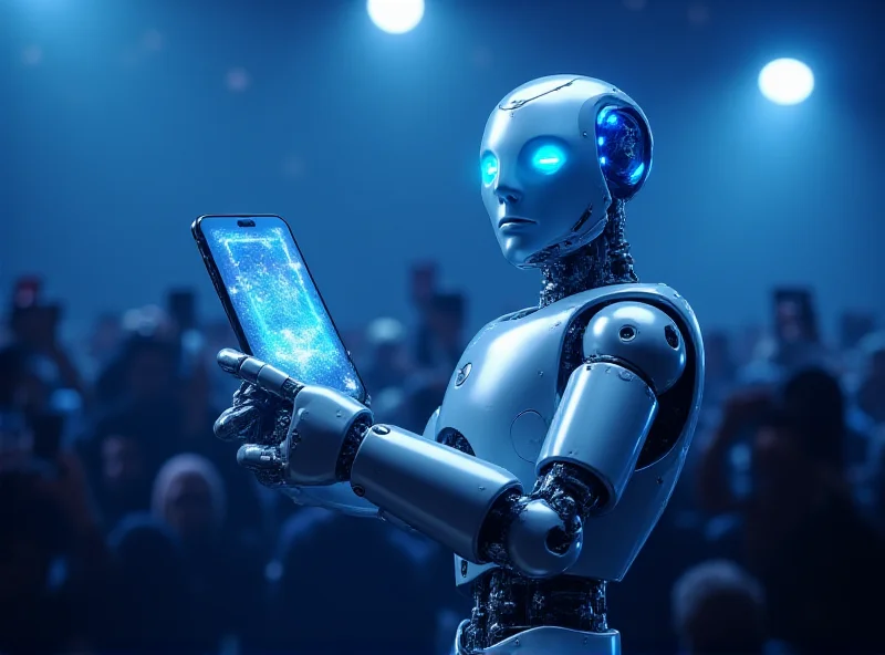 A humanoid robot holding a smartphone on a stage in front of an audience.