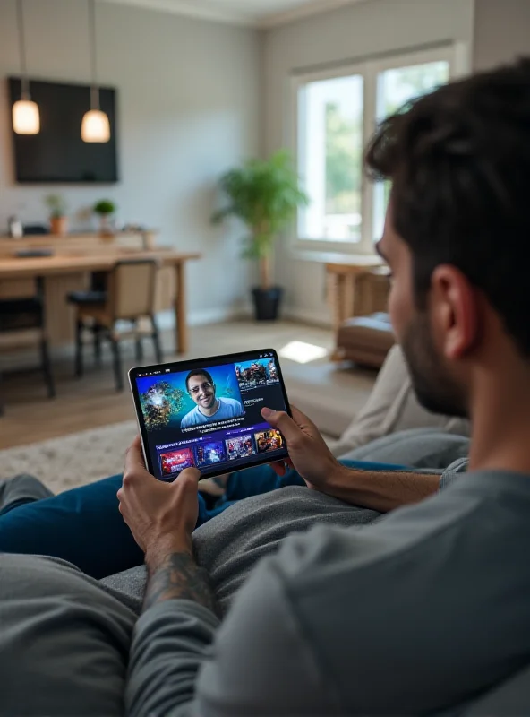 A person using a tablet while sitting on a sofa in a living room.