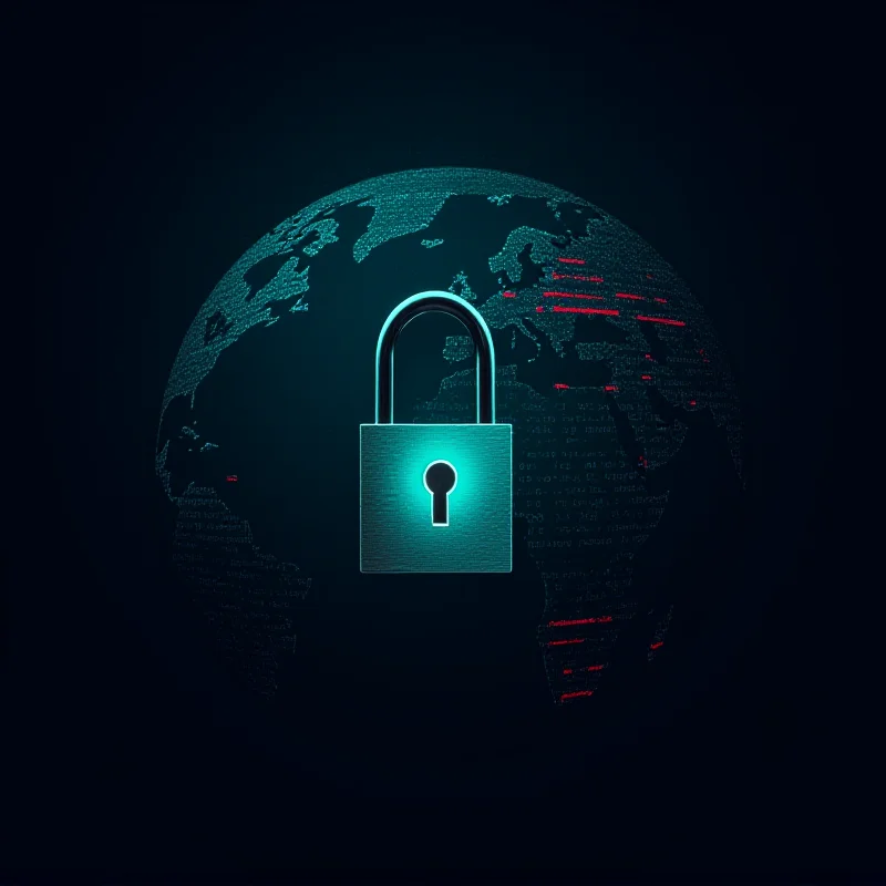 A digital illustration representing cybercrime, with a padlock over a globe made of code.