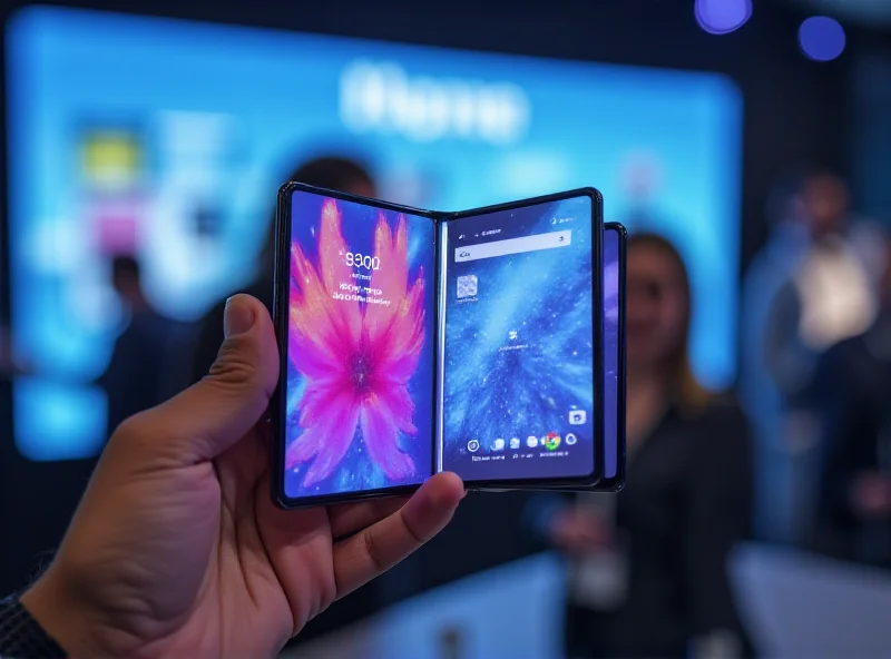 A person holding a partially unfolded Tecno tri-foldable phone, showcasing its large screen size and innovative hinge design. The background is a blurred tech conference setting.