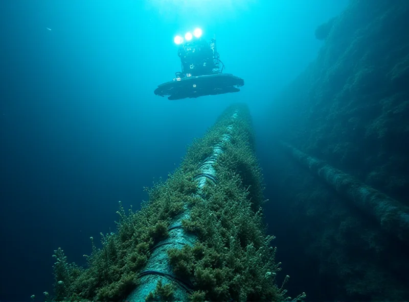 Underwater robotic vehicle inspecting subsea infrastructure.