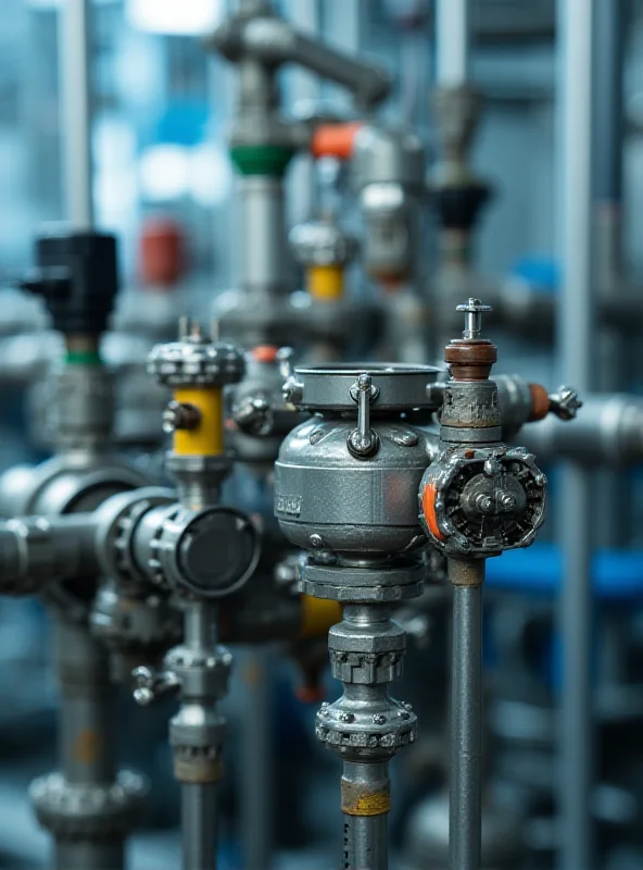 Oil and gas wellhead with various valves and sensors.