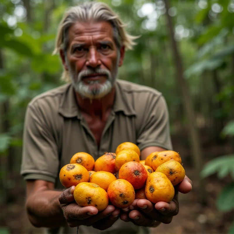 A farmer in the Amazon holding fresh fruit, with a dilapidated power generator in the background.