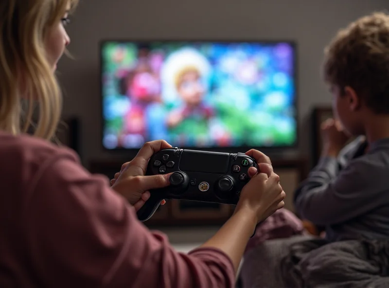 A parent adjusting parental control settings on a gaming console, with a child playing in the background, showcasing responsible gaming management.