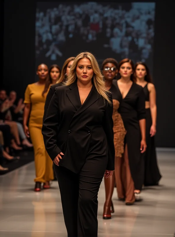 A diverse group of plus-size models showcasing elegant and modern formal wear designs, highlighting the impact of technology on inclusive fashion.