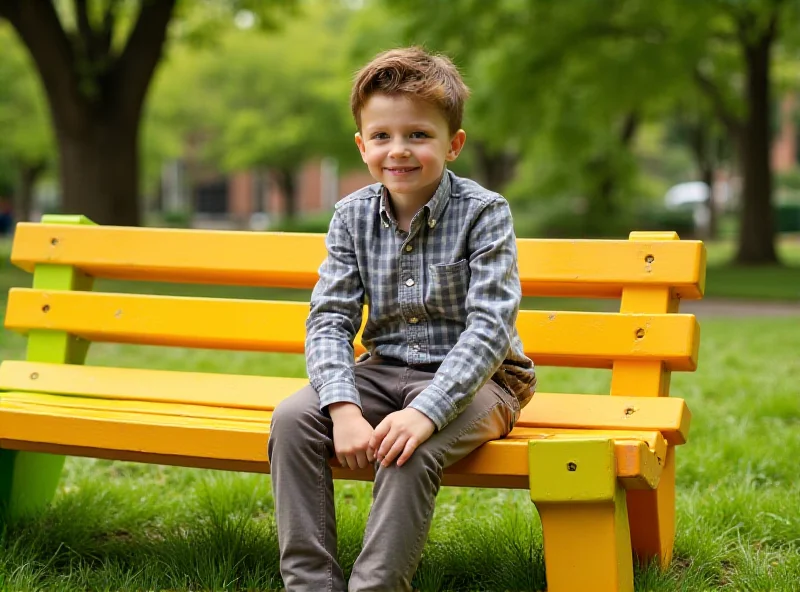 A six-year-old boy smiles while sitting on a colorful bench made of recycled plastic tubs.