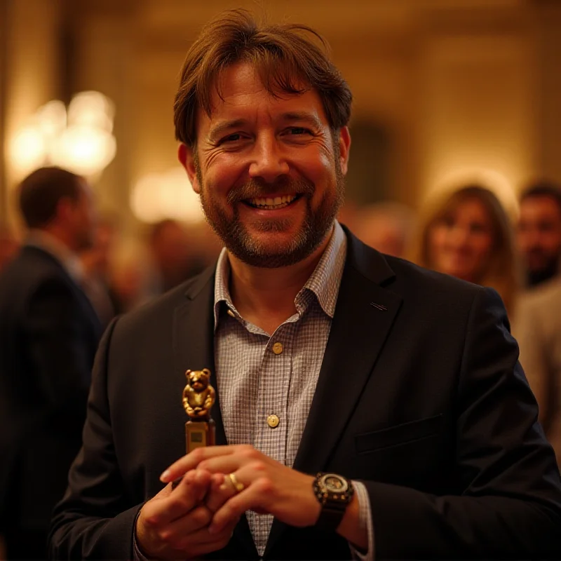 Teddy Teclebrhan smiles holding a Grimme Award.