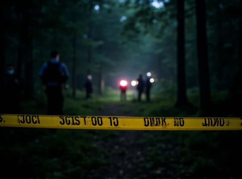 Police tape at a crime scene with blurry figures in the background.