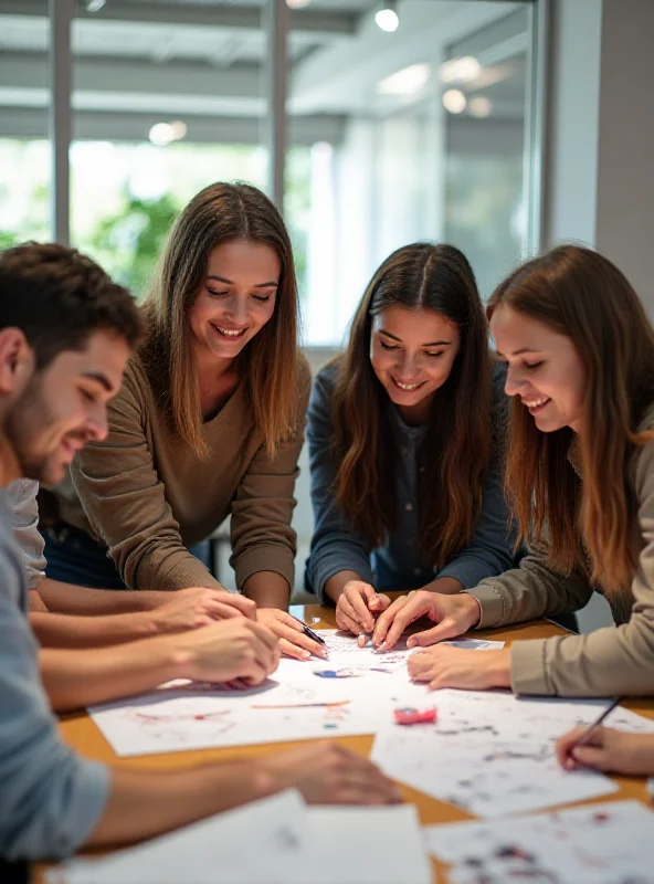 Teenagers working together on a project, smiling and collaborating.