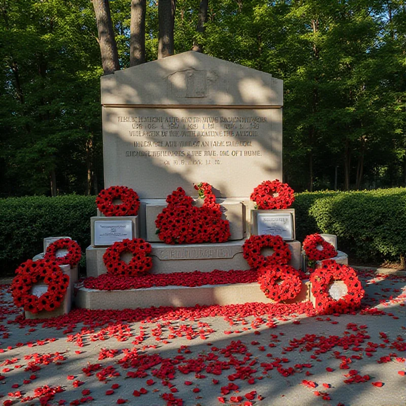 A memorial dedicated to fallen soldiers, with poppies and wreaths laid in remembrance.