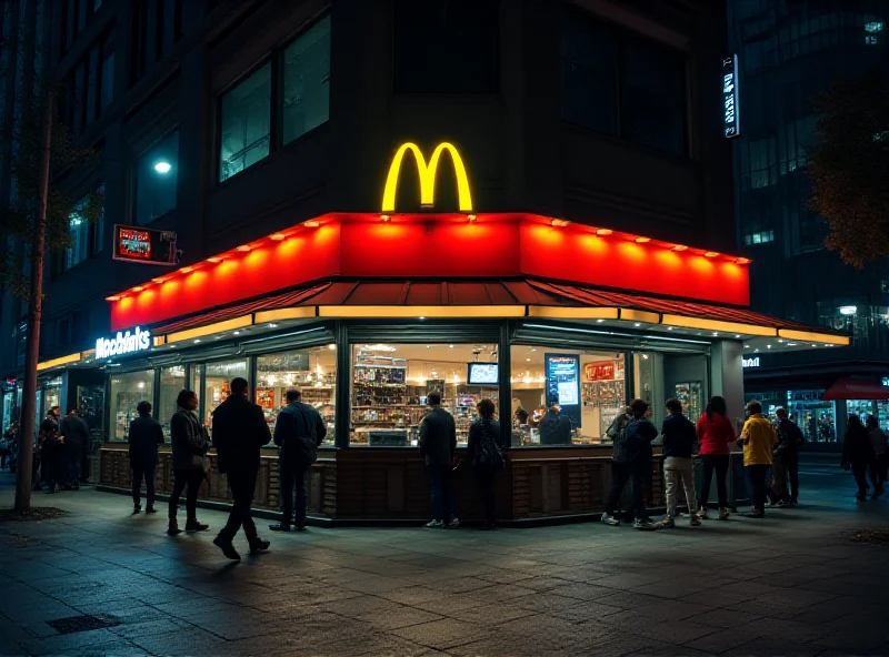 An exterior shot of a McDonald's restaurant at night in a bustling urban area.