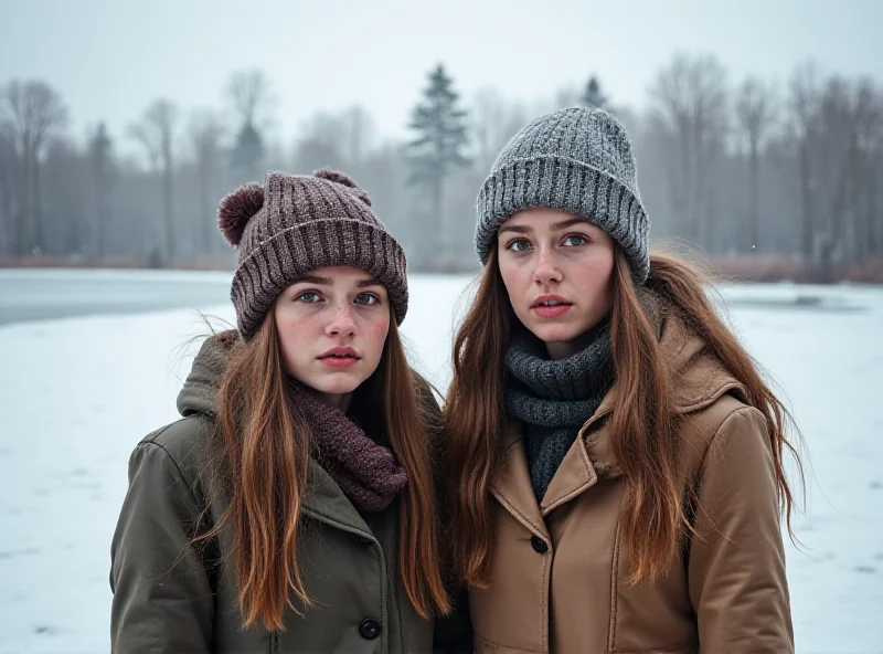 Two teenage girls standing near a frozen lake, looking concerned and determined.