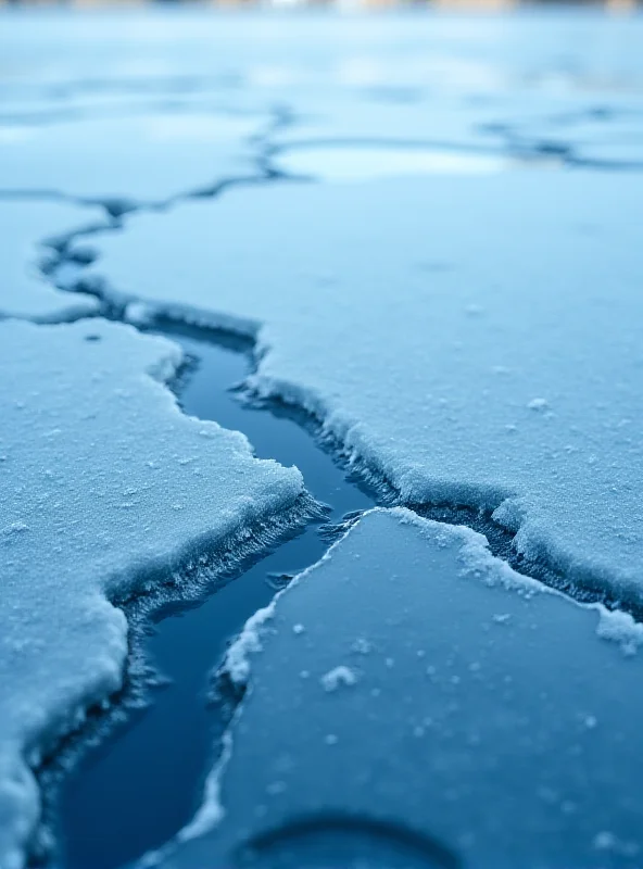 A close-up shot of cracked ice on a frozen lake, with water visible underneath.