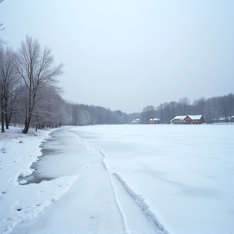 A wide shot of a frozen lake with a town in the background, showcasing a winter scene.