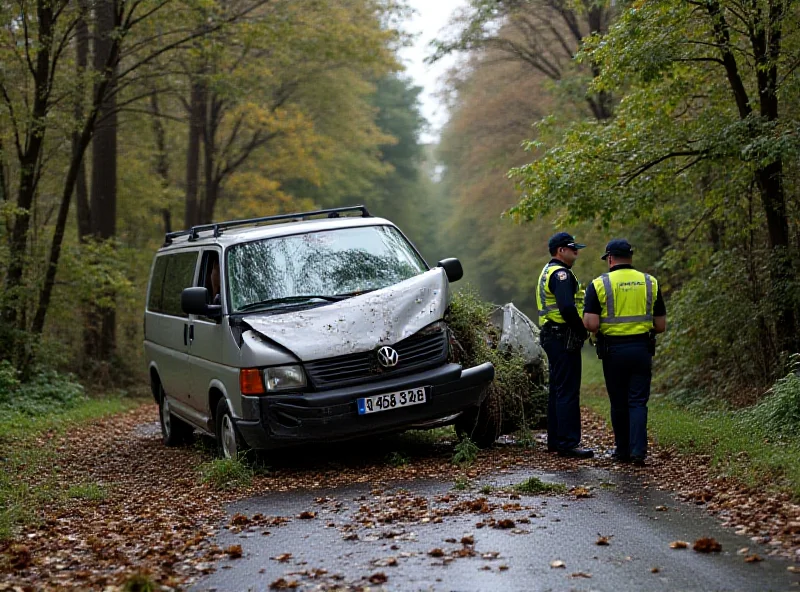 Wrecked Volkswagen Multivan after colliding with a tree on a rural road. Police officers and emergency vehicles are present at the scene.