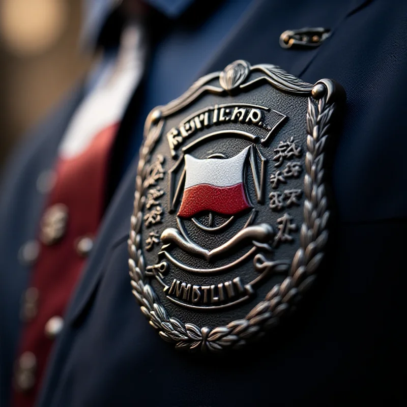 A close-up of a police badge with the Polish flag in the background, symbolizing the Wejherowo police department's involvement in the search for Nikola Kwiatkowska.