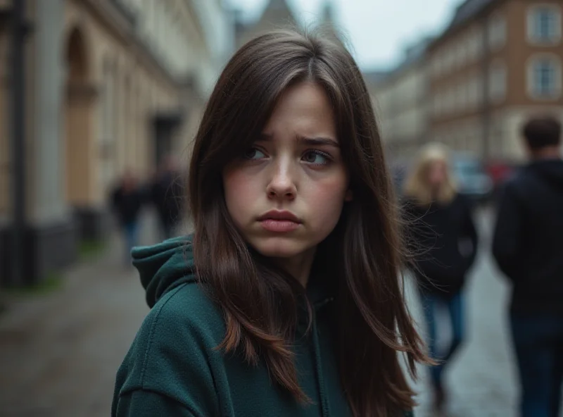 A worried-looking teenage girl with dark hair and brown eyes, standing against a blurred background of a typical Polish street.