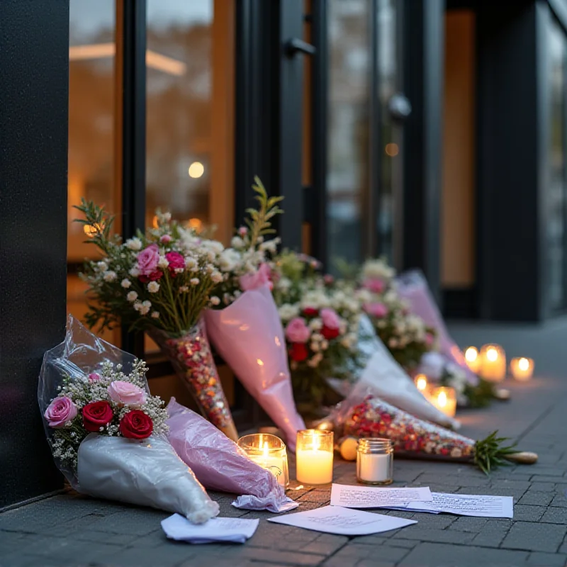 A memorial with flowers and candles outside a building, symbolizing grief and remembrance.