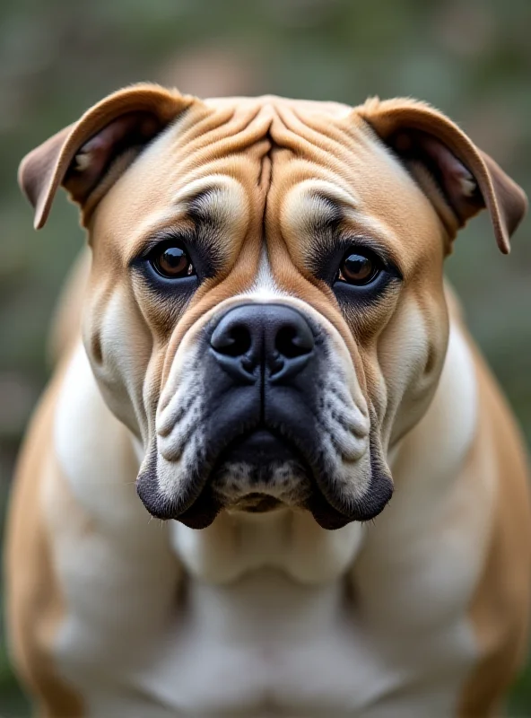 A close-up photograph of an XL Bully dog, focusing on its face and powerful build.