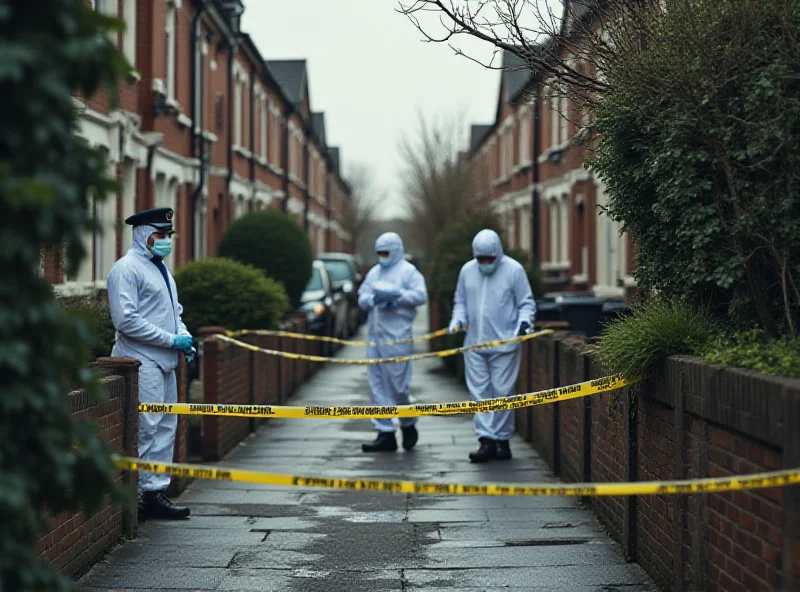 Police officers at a crime scene tape cordon in a residential area of South London, with forensic investigators in the background.