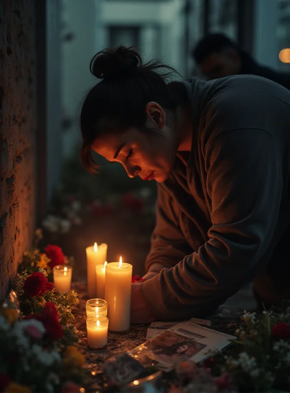 A grieving family member or friend being comforted by another person at a memorial site with flowers and candles.