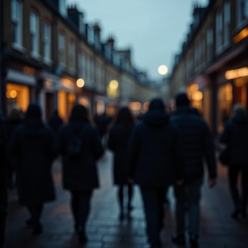 A somber street scene at dusk in a South London neighborhood, with police tape visible in the background and blurred figures walking by.