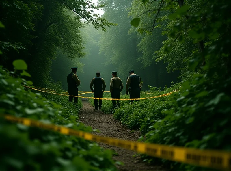 Police investigating a crime scene in a wooded area.