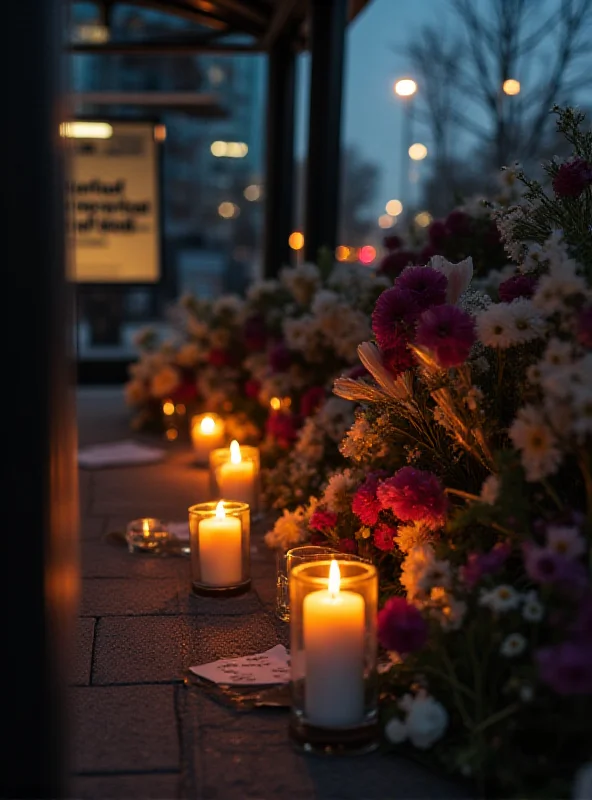 A somber vigil at a bus stop with candles and flowers.