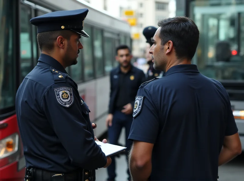 A police officer talking to a potential witness near a bus.