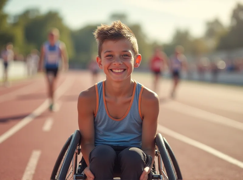 A teenage boy in a wheelchair smiling determinedly, with a marathon track in the background.