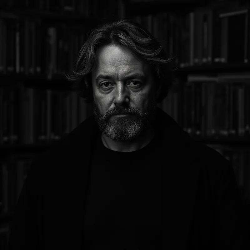 A black and white portrait of a thoughtful-looking Emmanuel Martineau, surrounded by books in a dimly lit library.