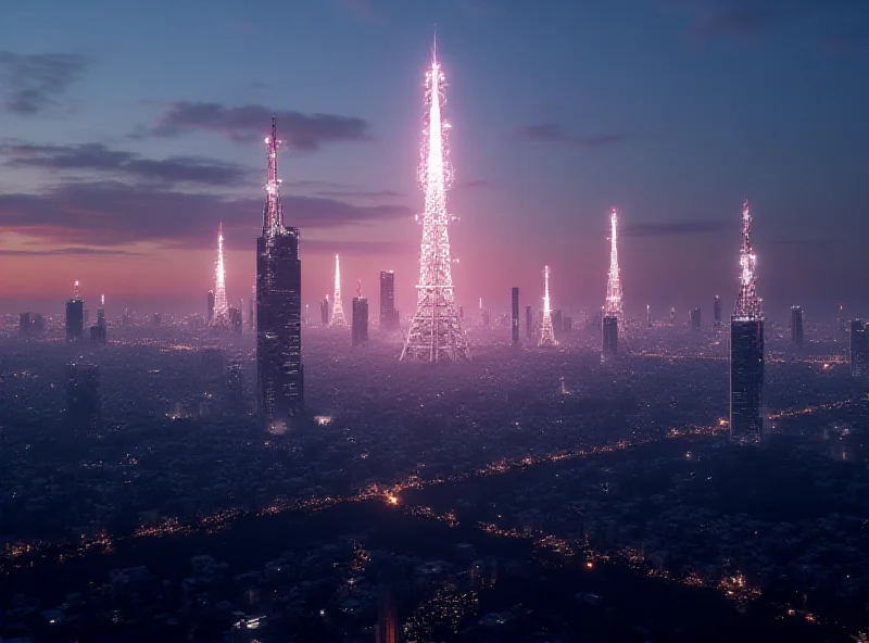 A futuristic cityscape with glowing telecommunications towers, symbolizing the challenges and opportunities facing Telefónica in the modern telecom landscape.