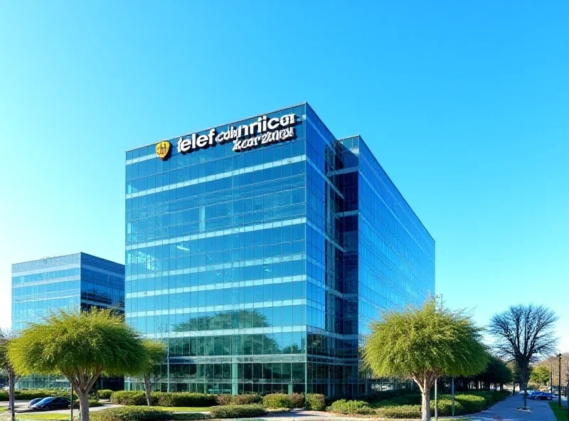 A modern office building with the Telefónica logo prominently displayed.