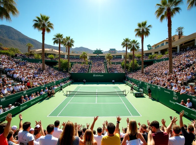 A tennis court at Indian Wells with palm trees in the background