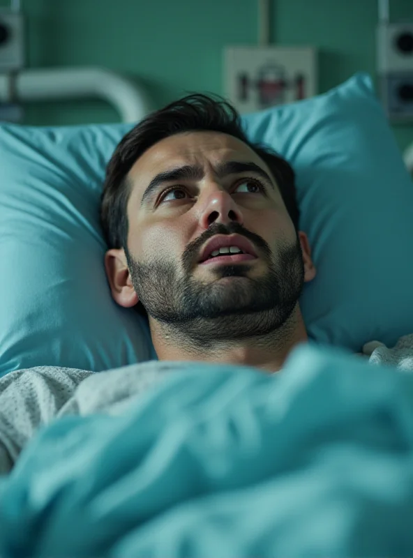 Close-up of a concerned Serbian politician in a hospital bed, looking distressed.