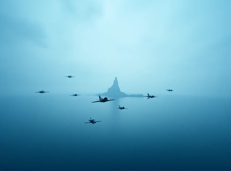 Aerial view of military aircraft flying in formation over the ocean, with the silhouette of Taiwan visible in the distance.