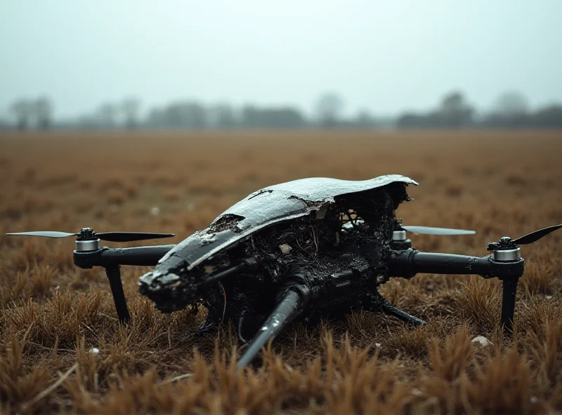 Image of a damaged drone lying on the ground in a field