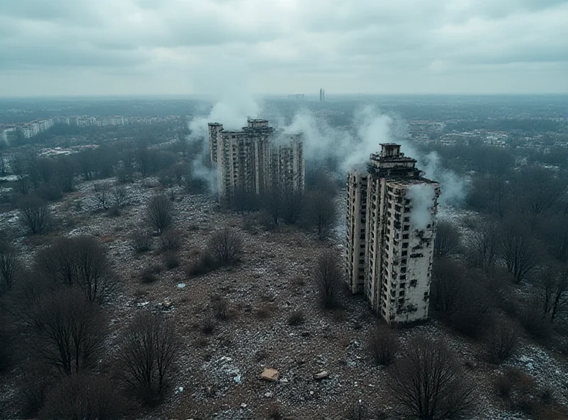 An aerial view of a bombed-out city in Ukraine, showing the devastation caused by the war