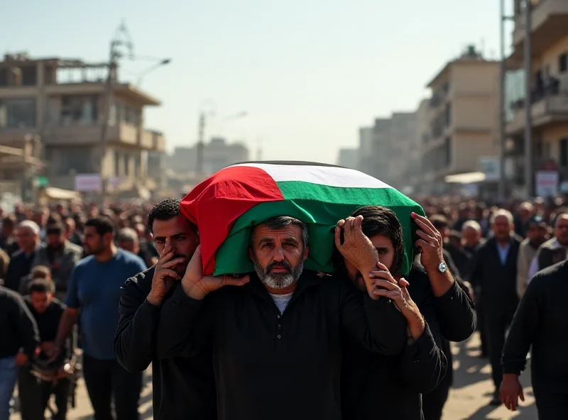 A funeral procession in Gaza, with mourners carrying a body draped in a Palestinian flag.