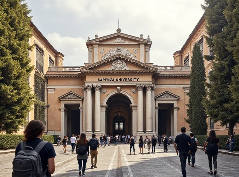 The entrance to Sapienza University in Rome, with students walking by.