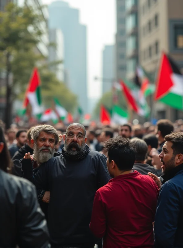 A peaceful demonstration with Palestinian flags being waved.