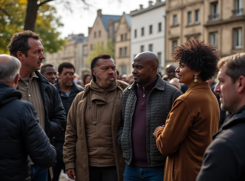 A diverse group of people talking in a public square